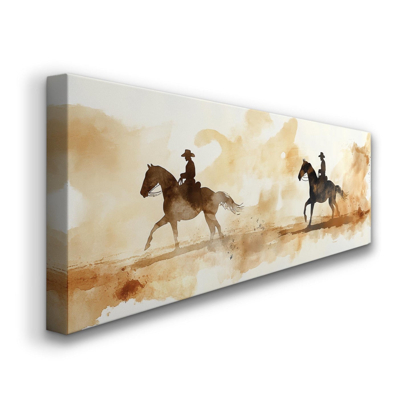 Western Equestrian Canvas Art | Watercolor Silhouette Print | Bohemian Ranch Wall Art For Living Room | Desert Sand Art Panoramic Wall Art