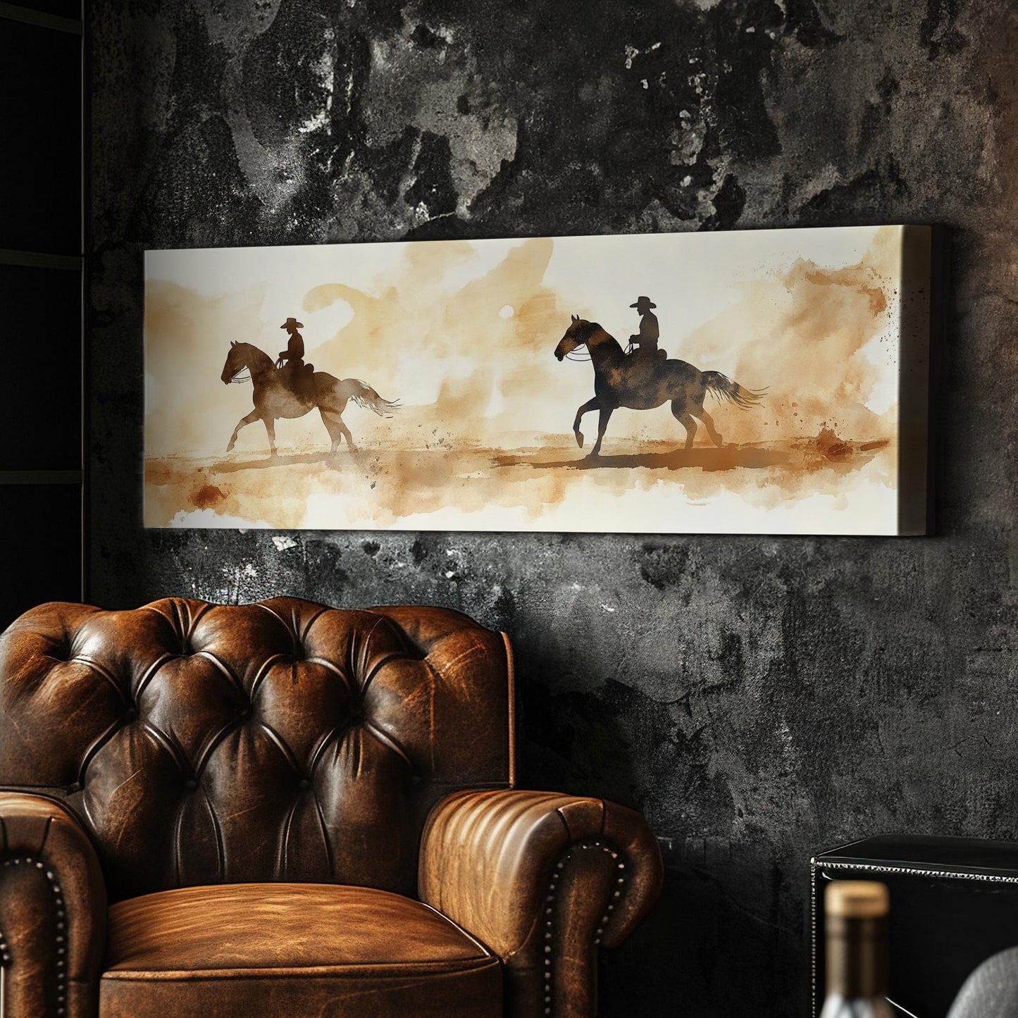 Western Equestrian Canvas Art | Watercolor Silhouette Print | Bohemian Ranch Wall Art For Living Room | Desert Sand Art Panoramic Wall Art