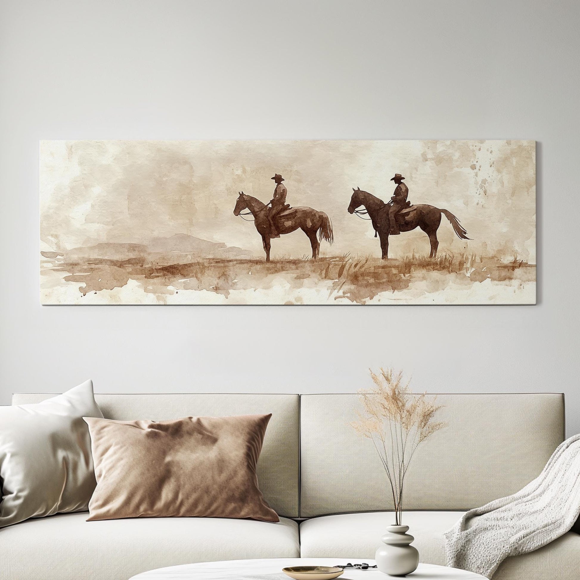 Western Cowboys Canvas Art | Watercolor Silhouette Print | Bohemian Ranch Wall Art For Above Couch | Sienna Oatmilk Art Panoramic Wall Art
