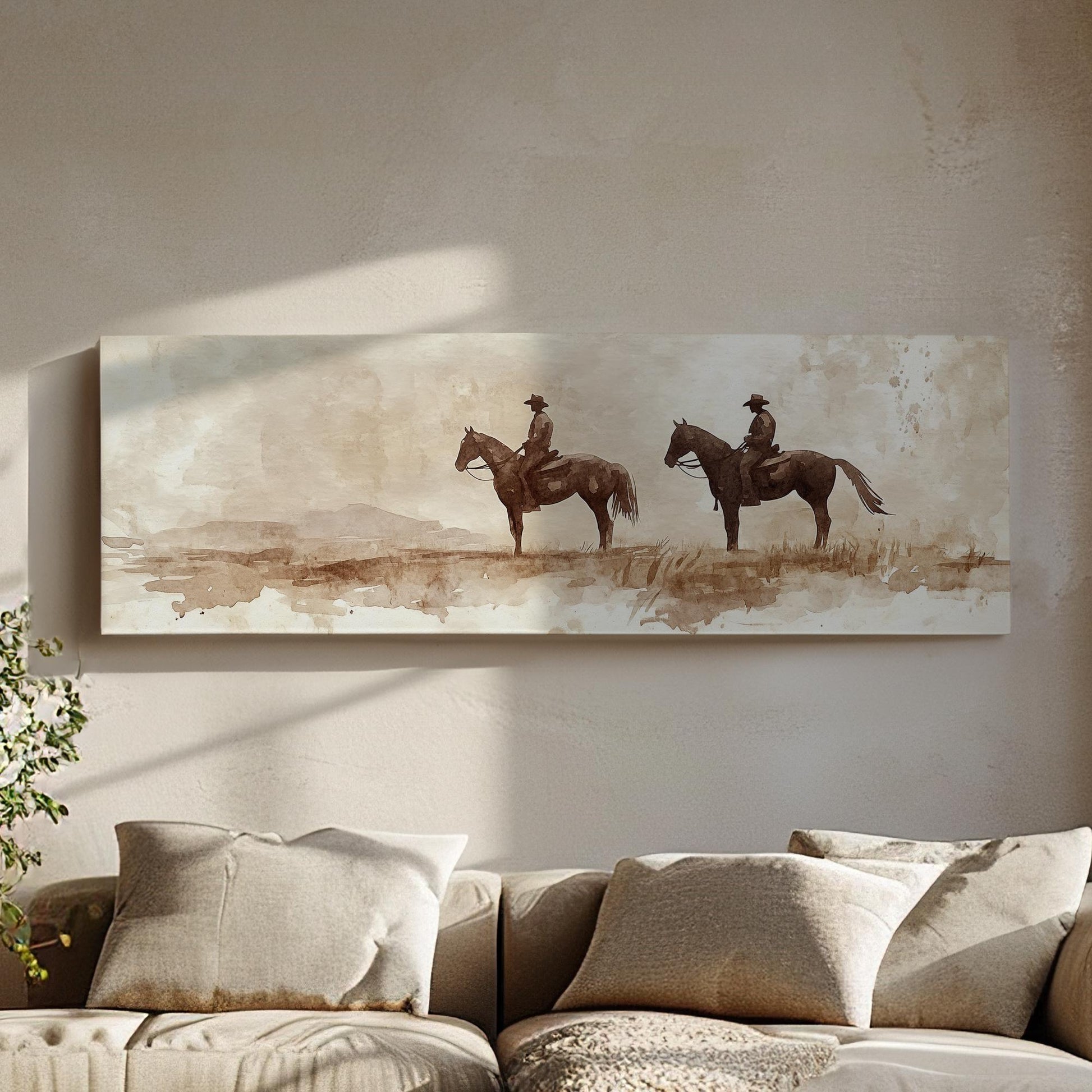Western Cowboys Canvas Art | Watercolor Silhouette Print | Bohemian Ranch Wall Art For Above Couch | Sienna Oatmilk Art Panoramic Wall Art