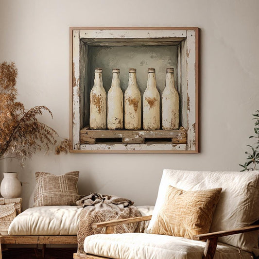 Vintage Bottle Crate Canvas Art | Impasto Print | French Country Wall Art For Living Room | Creamy Beige Art Square Canvas Art