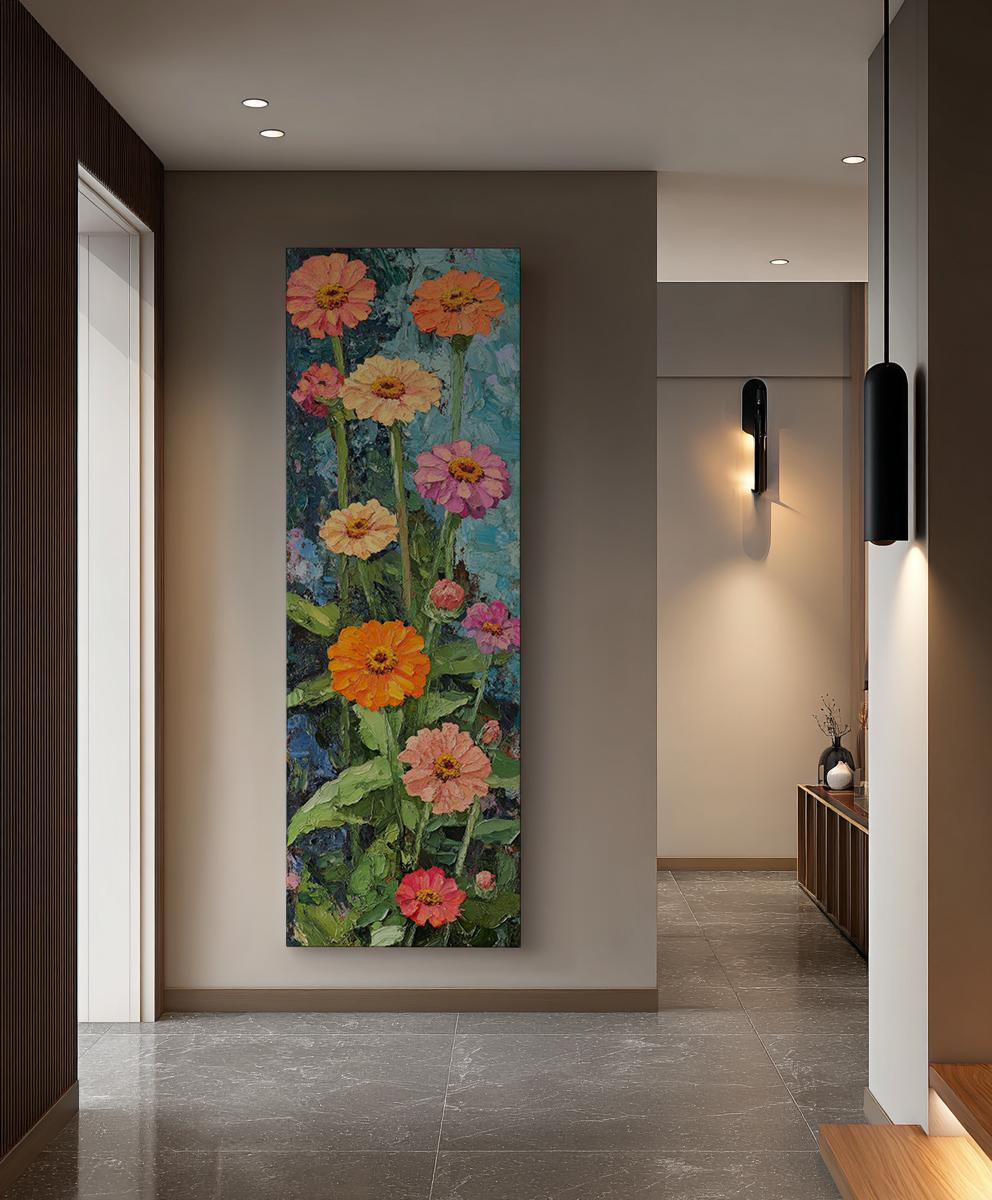 Vibrant Zinia Garden Canvas Art | Impasto Palette Knife Print | Bohemian Eclectic Wall Art For Living Room Long Vertical Art