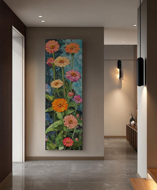 Vibrant Zinia Garden Canvas Art | Impasto Palette Knife Print | Bohemian Eclectic Wall Art For Living Room Long Vertical Art