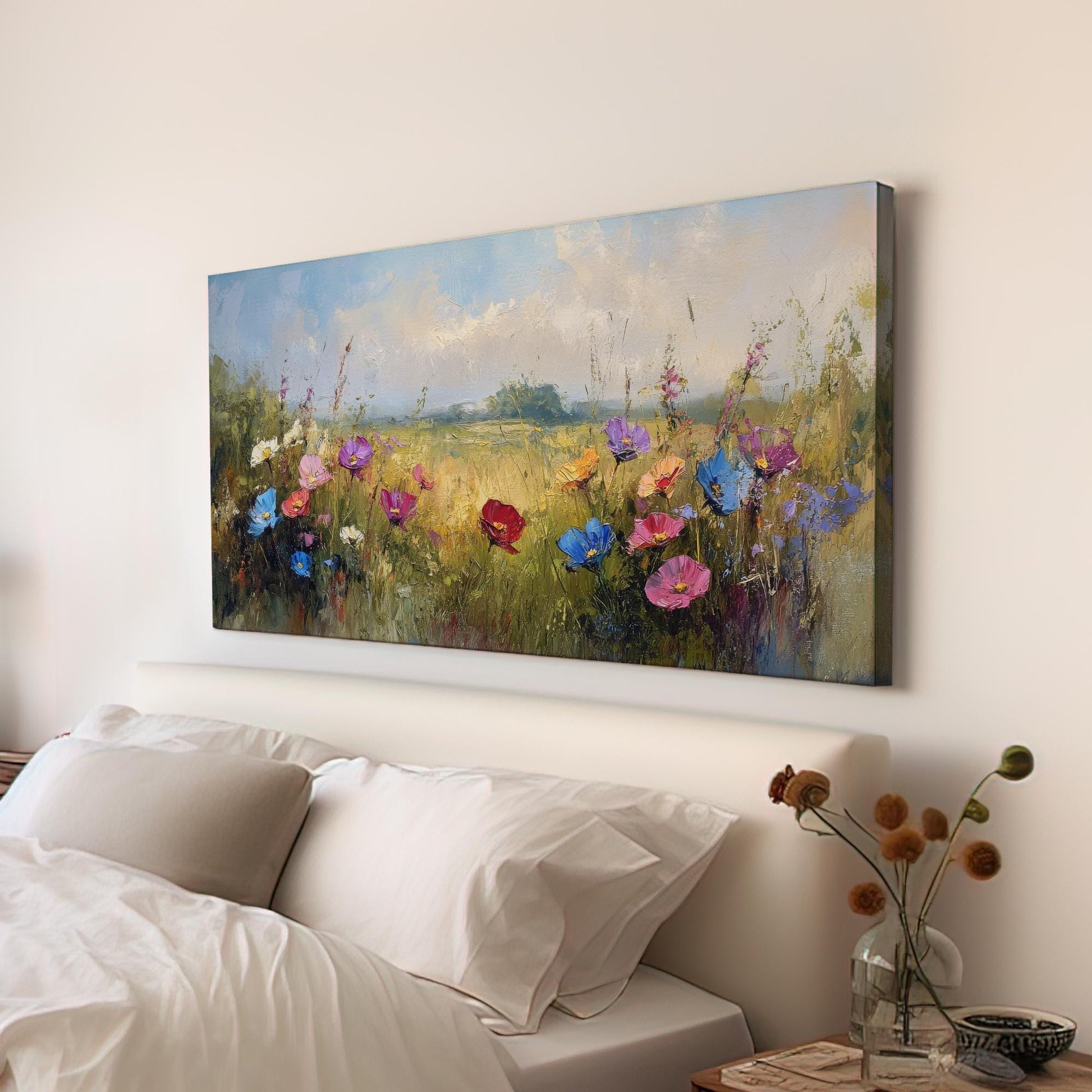 Vibrant Wildflower Meadow Canvas Art | Impasto Floral Print | Bohemian Wall Art For Living Room | Honeycomb Hues Art Horizontal Art
