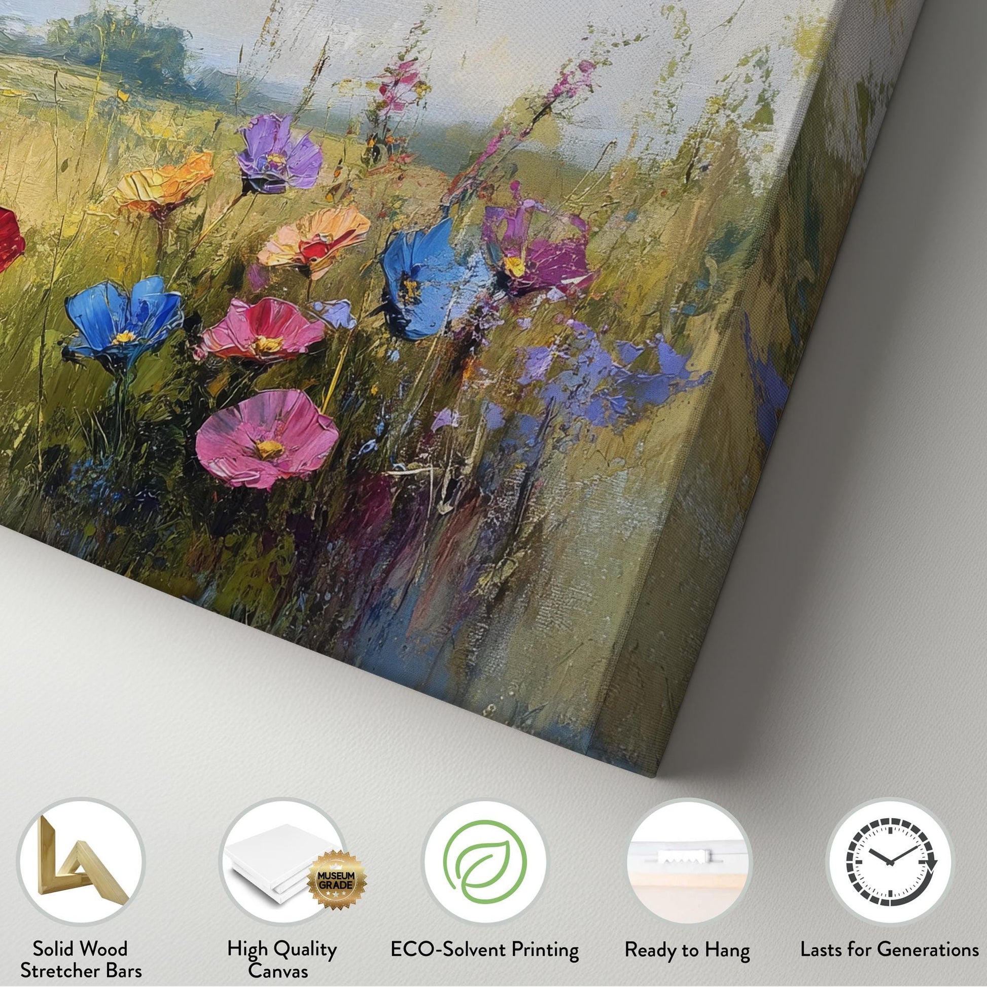 Vibrant Wildflower Meadow Canvas Art | Impasto Floral Print | Bohemian Wall Art For Living Room | Honeycomb Hues Art Horizontal Art