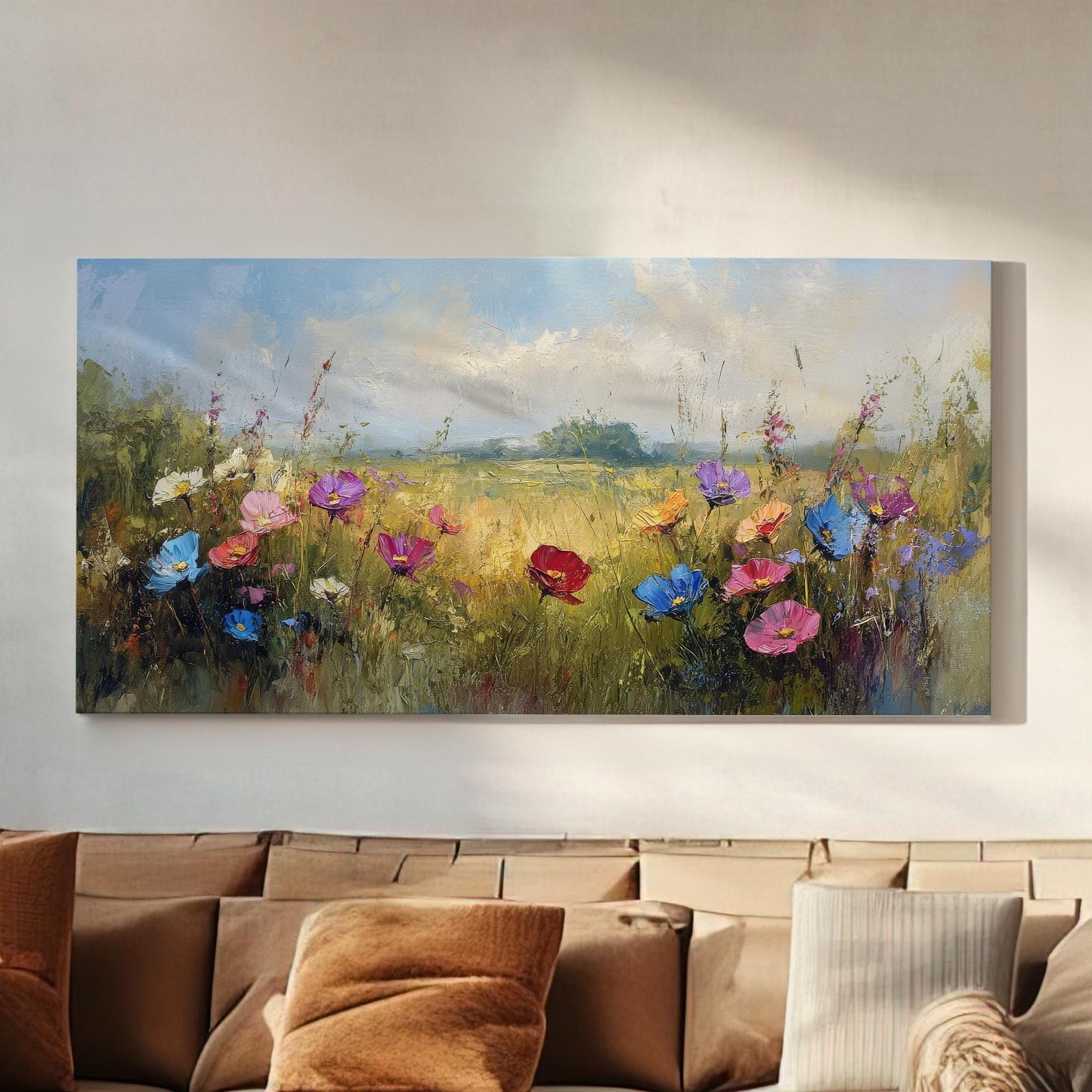 Vibrant Wildflower Meadow Canvas Art | Impasto Floral Print | Bohemian Wall Art For Living Room | Honeycomb Hues Art Horizontal Art