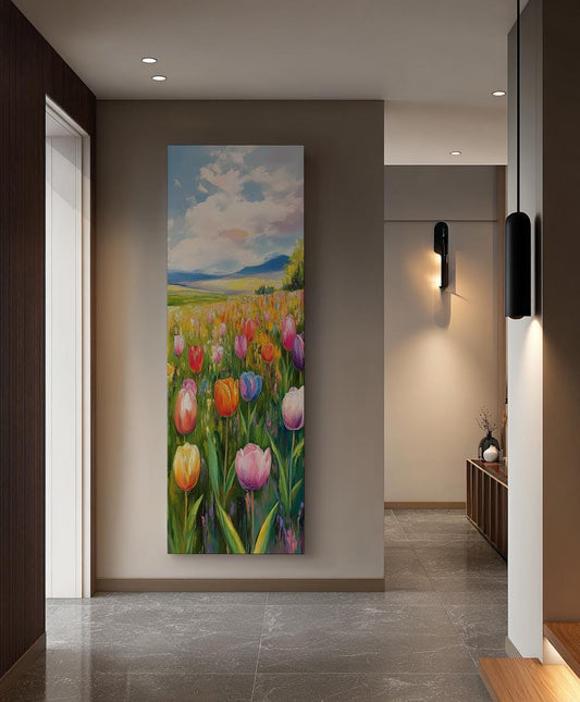 Vibrant Tulip Field Canvas Art | Impasto Palette Knife Print | Bohemian Wall Art For Living Room | Spring Meadow Hues Art Long Vertical Art