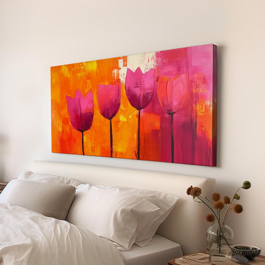 Vibrant Tulip Canvas Art | Impasto Print | Bohemian Modern Wall Art For Living Room | Sunset Orange Crimson Art Horizontal Art