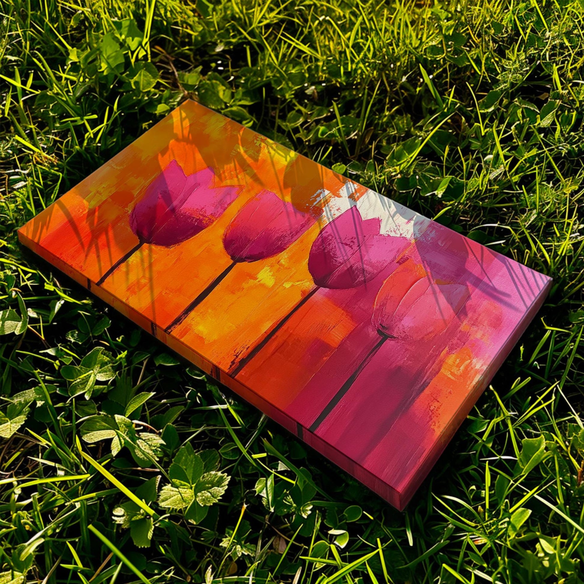 Vibrant Tulip Canvas Art | Impasto Print | Bohemian Modern Wall Art For Living Room | Sunset Orange Crimson Art Horizontal Art