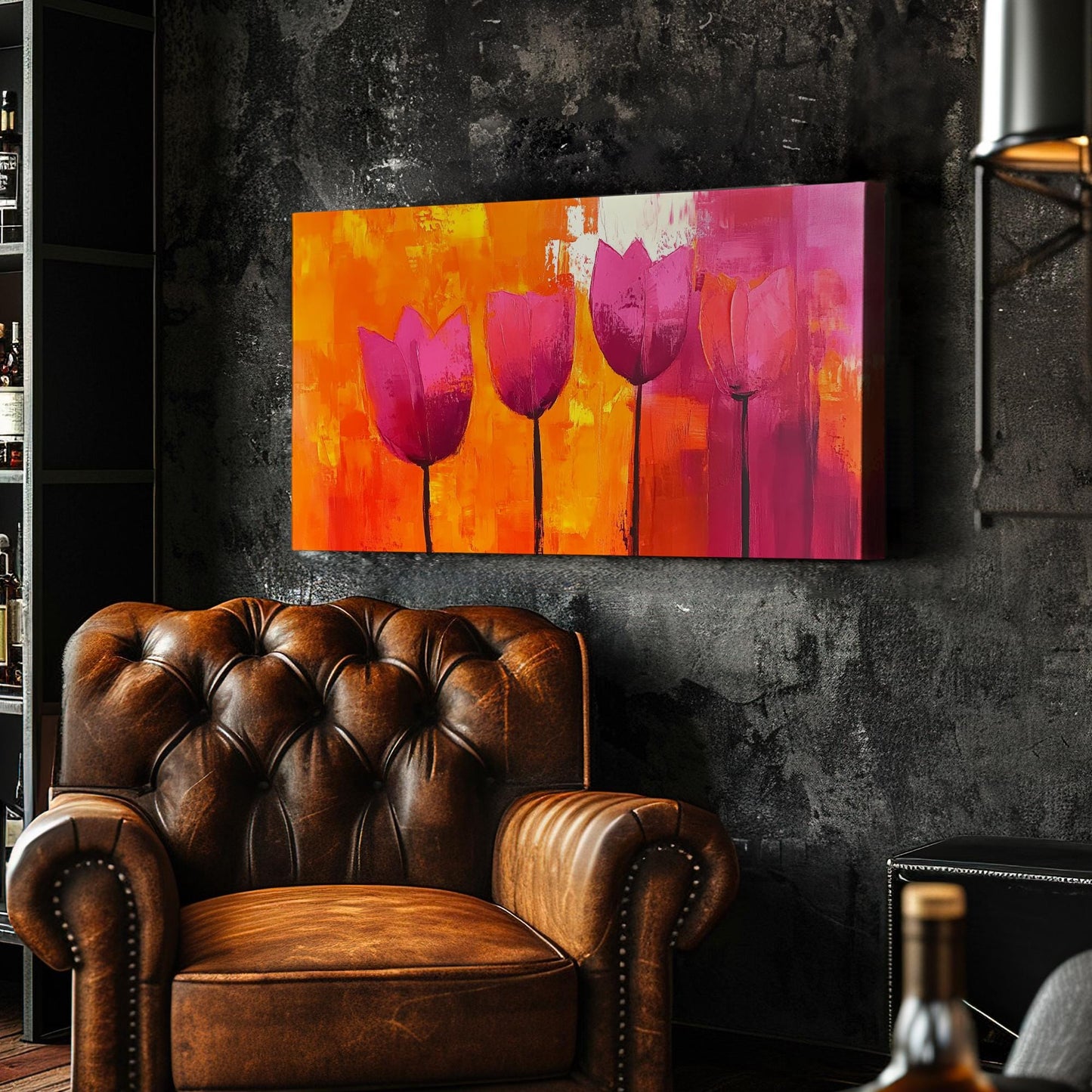 Vibrant Tulip Canvas Art | Impasto Print | Bohemian Modern Wall Art For Living Room | Sunset Orange Crimson Art Horizontal Art