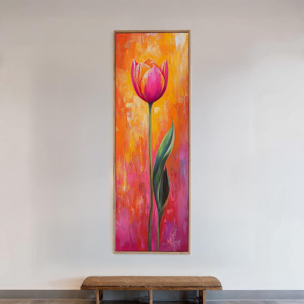 Vibrant Tulip Canvas Art | Impasto Floral Print | Bohemian Maximalist Wall Art For Living Room | Sunset Coral Art Long Vertical Art