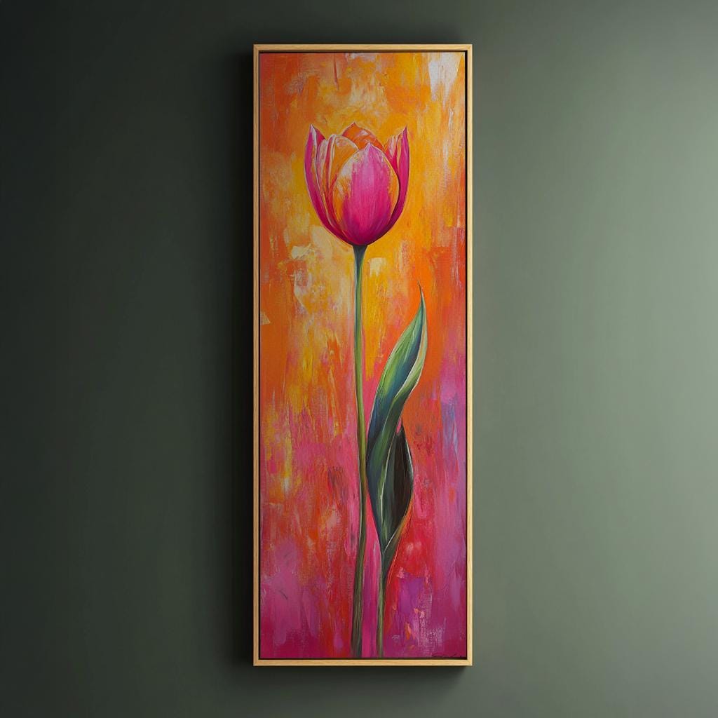 Vibrant Tulip Canvas Art | Impasto Floral Print | Bohemian Maximalist Wall Art For Living Room | Sunset Coral Art Long Vertical Art