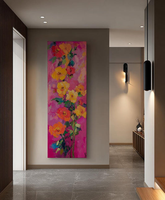 Vibrant Rose Garden Canvas Art | Impasto Floral Print | Bohemian Maximalist Wall Art For Living Room | Sunset Coral Art Long Vertical Art