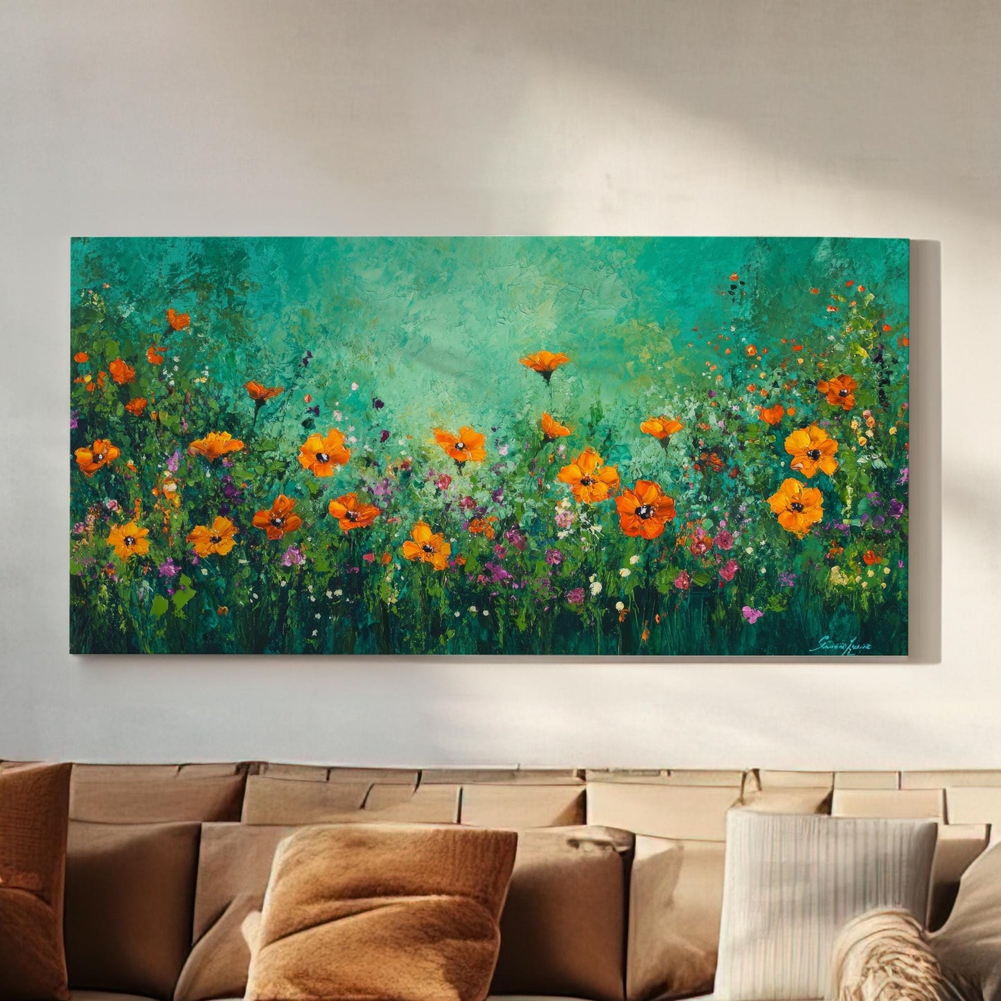 Vibrant Poppy Meadow Canvas Art | Impasto Floral Print | Bohemian Wall Art For Living Room | Jadeite Green Art Horizontal Art