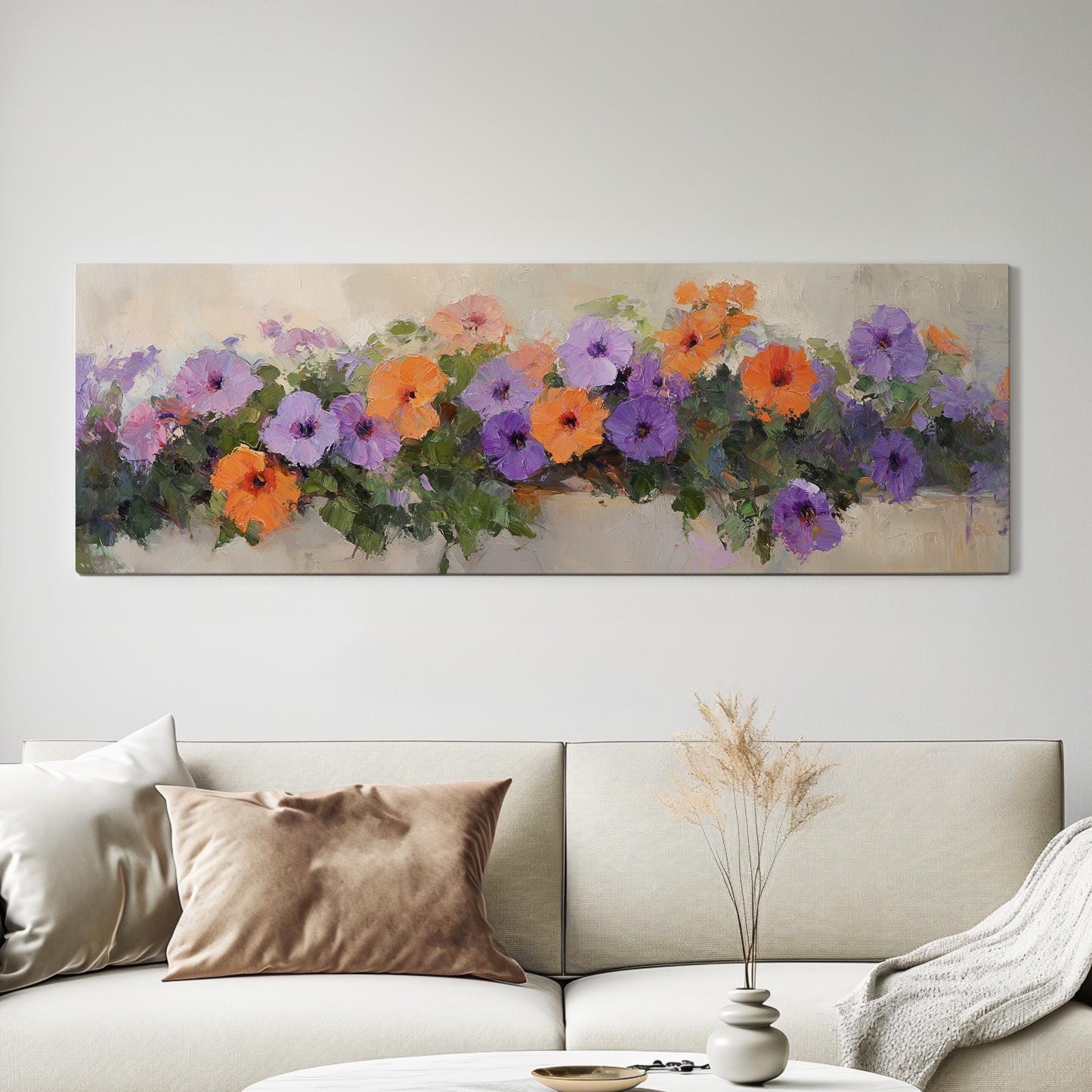 Vibrant Petunia Canvas Art | Impasto Floral Print | Bohemian Wall Art For Living Room | Apricot Blush Art Panoramic Wall Art