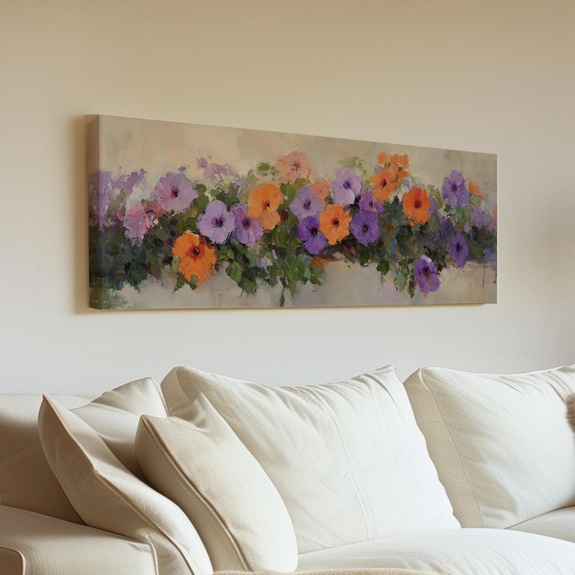 Vibrant Petunia Canvas Art | Impasto Floral Print | Bohemian Wall Art For Living Room | Apricot Blush Art Panoramic Wall Art