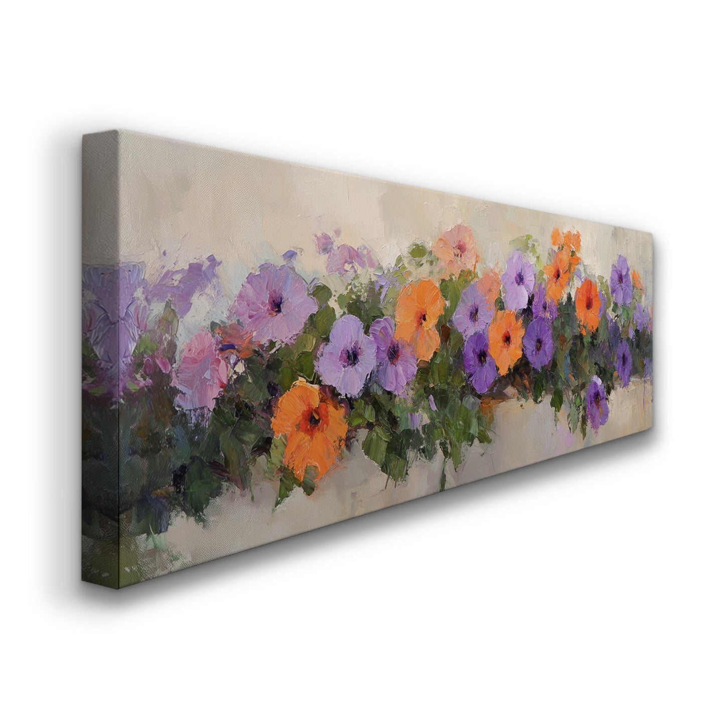 Vibrant Petunia Canvas Art | Impasto Floral Print | Bohemian Wall Art For Living Room | Apricot Blush Art Panoramic Wall Art