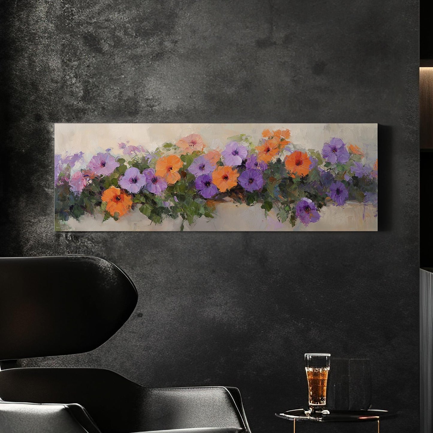 Vibrant Petunia Canvas Art | Impasto Floral Print | Bohemian Wall Art For Living Room | Apricot Blush Art Panoramic Wall Art