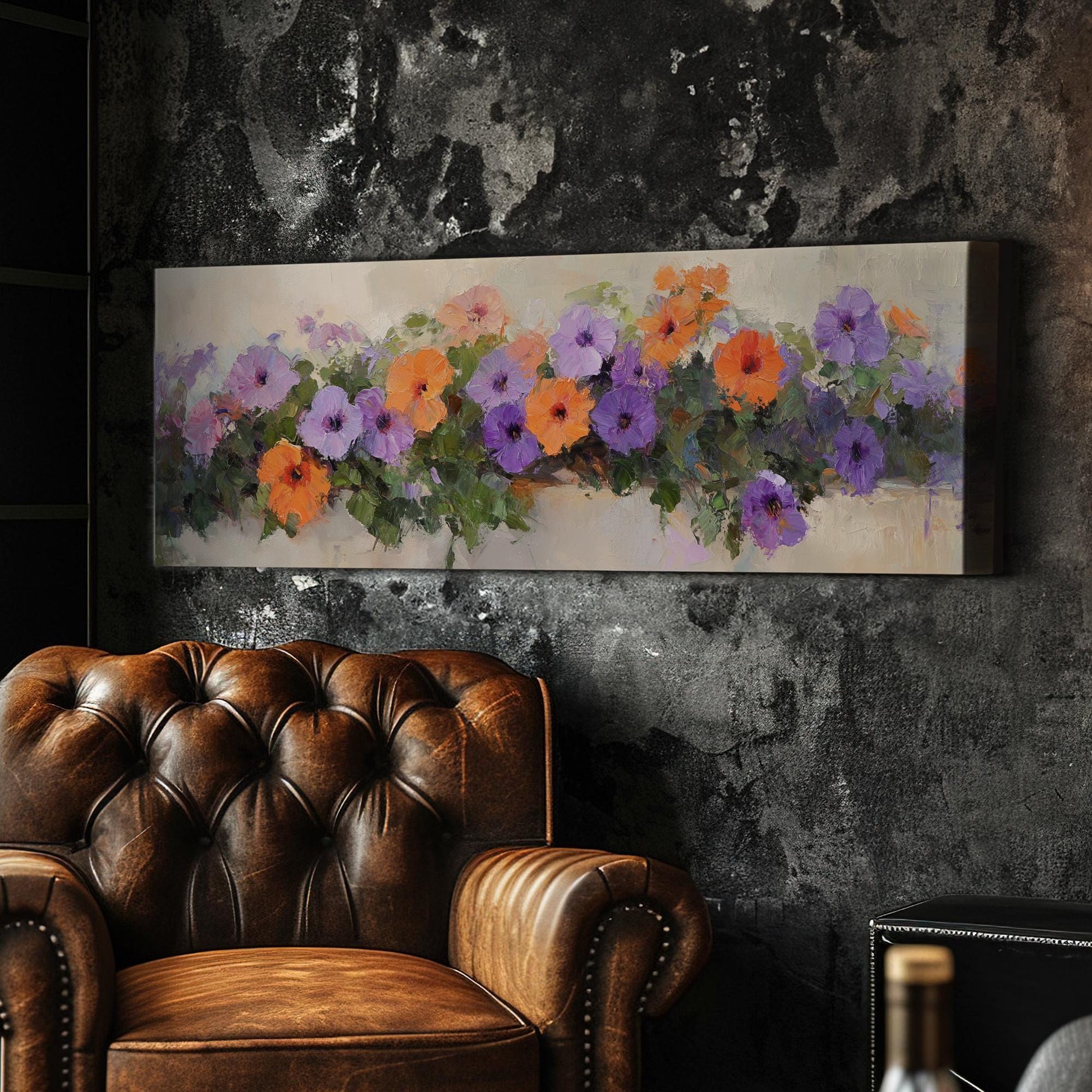 Vibrant Petunia Canvas Art | Impasto Floral Print | Bohemian Wall Art For Living Room | Apricot Blush Art Panoramic Wall Art