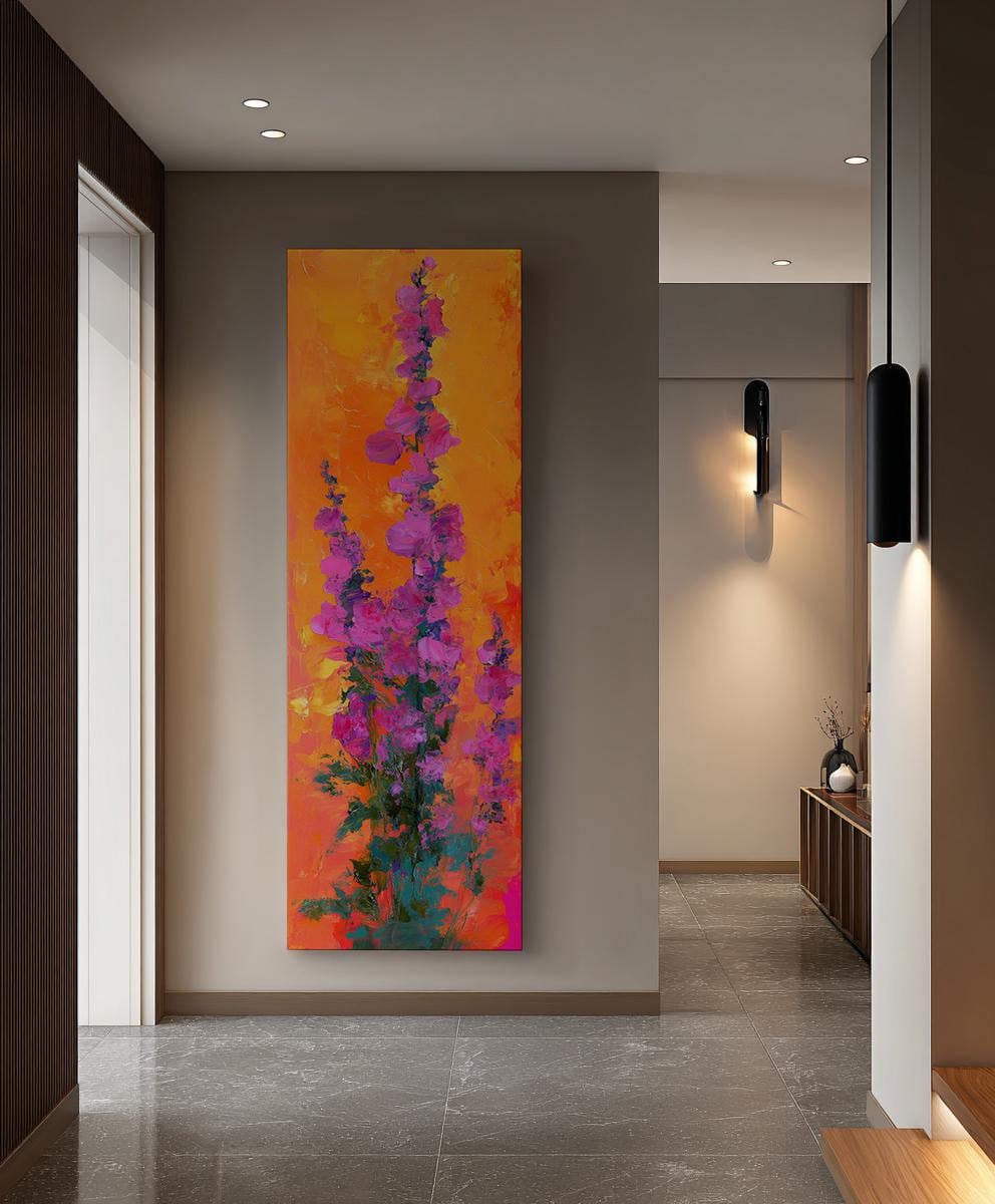 Vibrant Floral Canvas Art | Impasto Print | Bohemian Wall Art For Living Room | Tangerine Sunset Art Long Vertical Art
