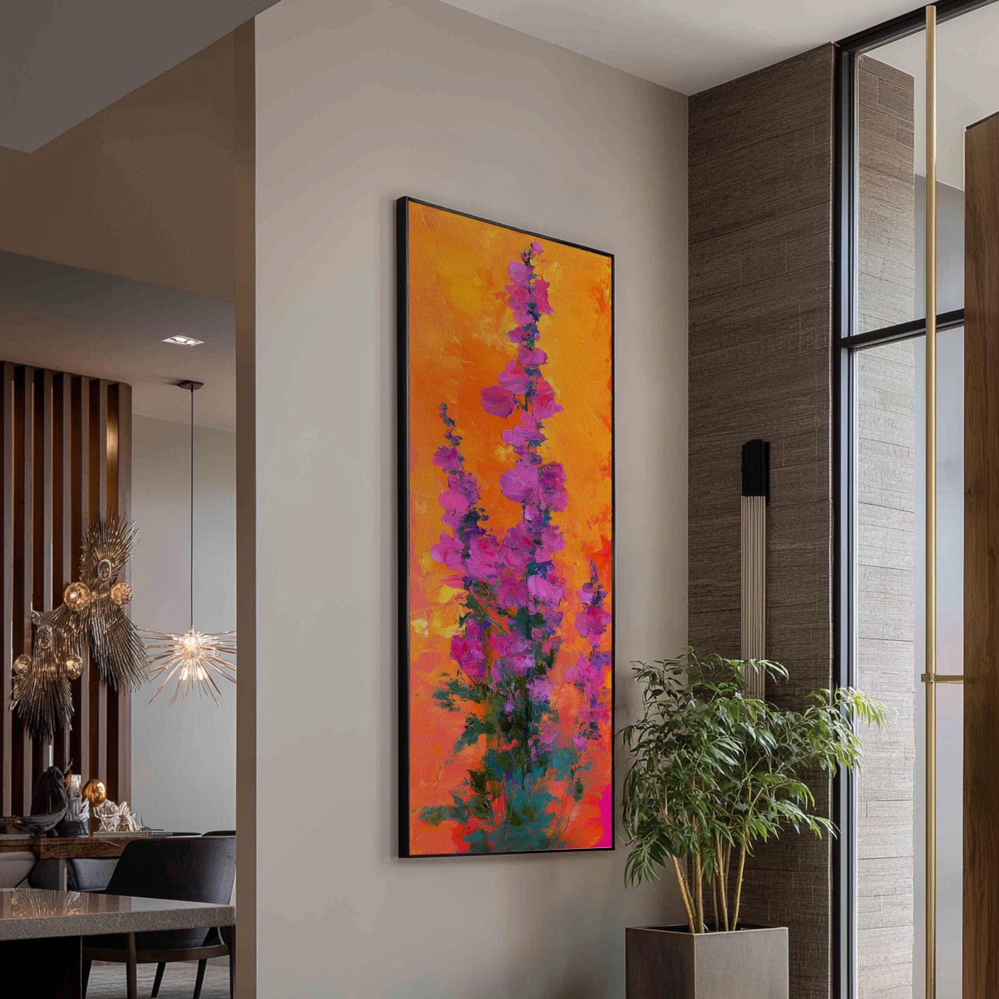 Vibrant Floral Canvas Art | Impasto Print | Bohemian Wall Art For Living Room | Tangerine Sunset Art Long Vertical Art