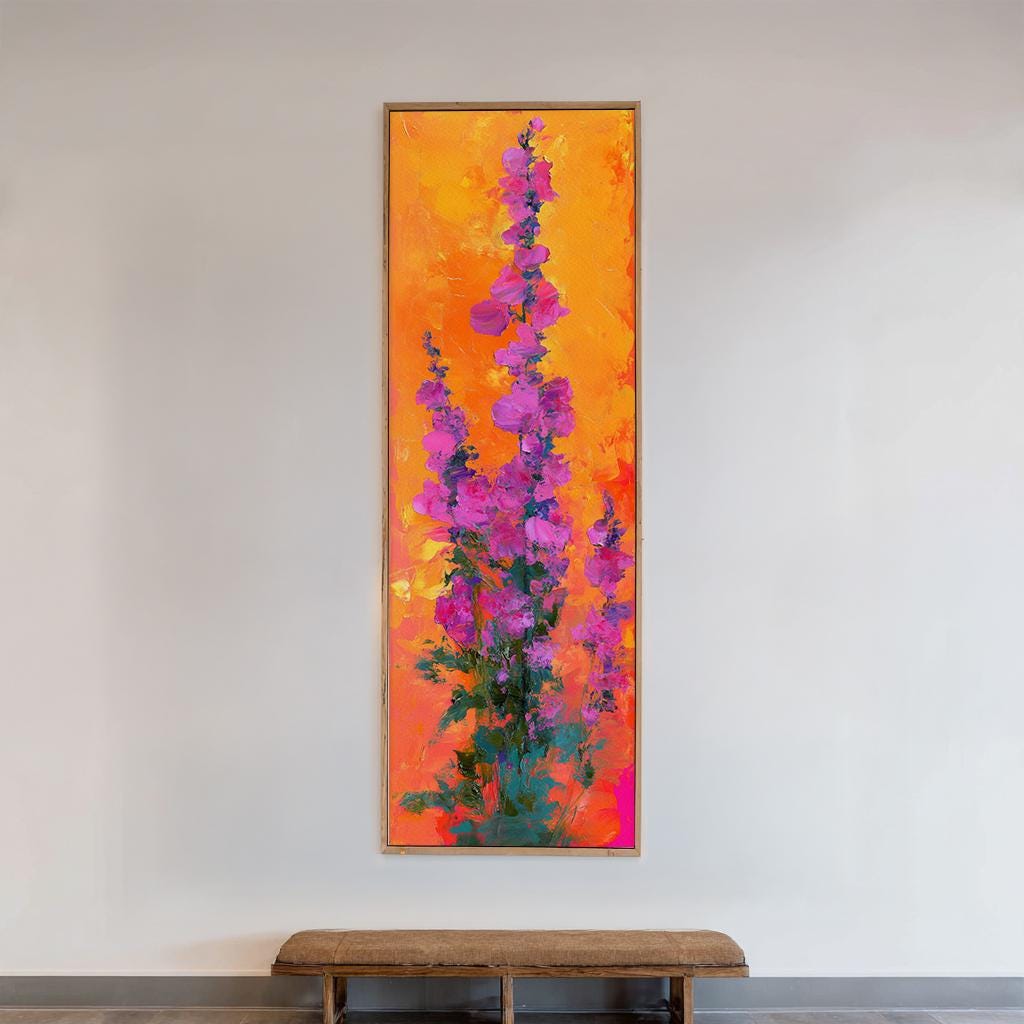 Vibrant Floral Canvas Art | Impasto Print | Bohemian Wall Art For Living Room | Tangerine Sunset Art Long Vertical Art