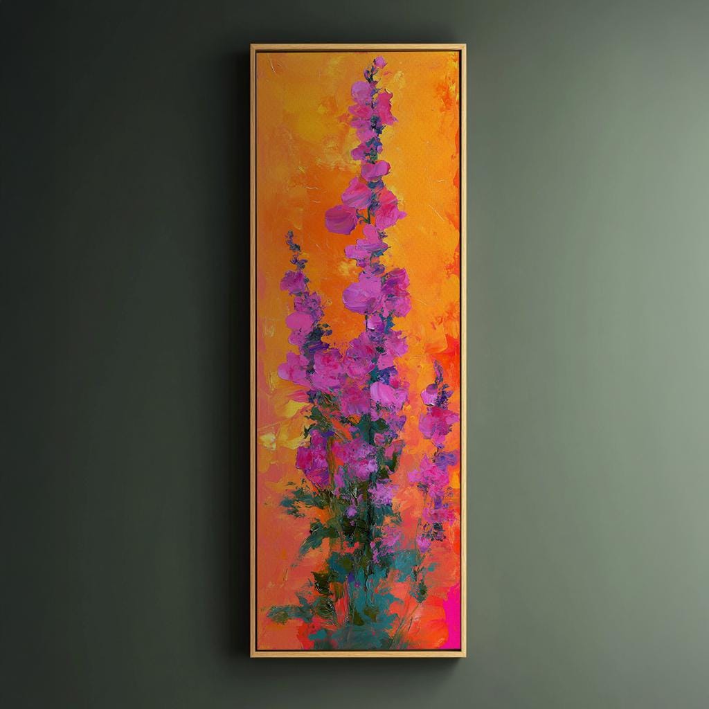 Vibrant Floral Canvas Art | Impasto Print | Bohemian Wall Art For Living Room | Tangerine Sunset Art Long Vertical Art