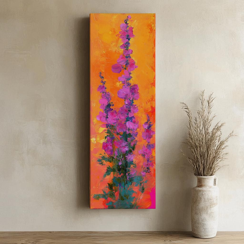 Vibrant Floral Canvas Art | Impasto Print | Bohemian Wall Art For Living Room | Tangerine Sunset Art Long Vertical Art