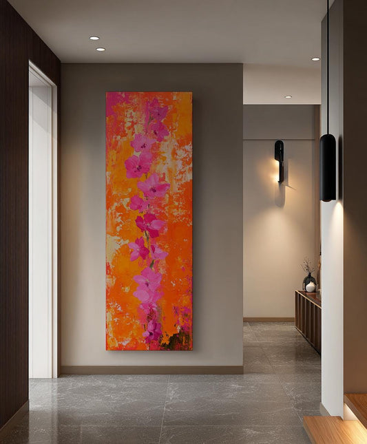 Vibrant Floral Canvas Art | Impasto Palette Knife Print | Bohemian Maximalist Wall Art For Living Room Long Vertical Art