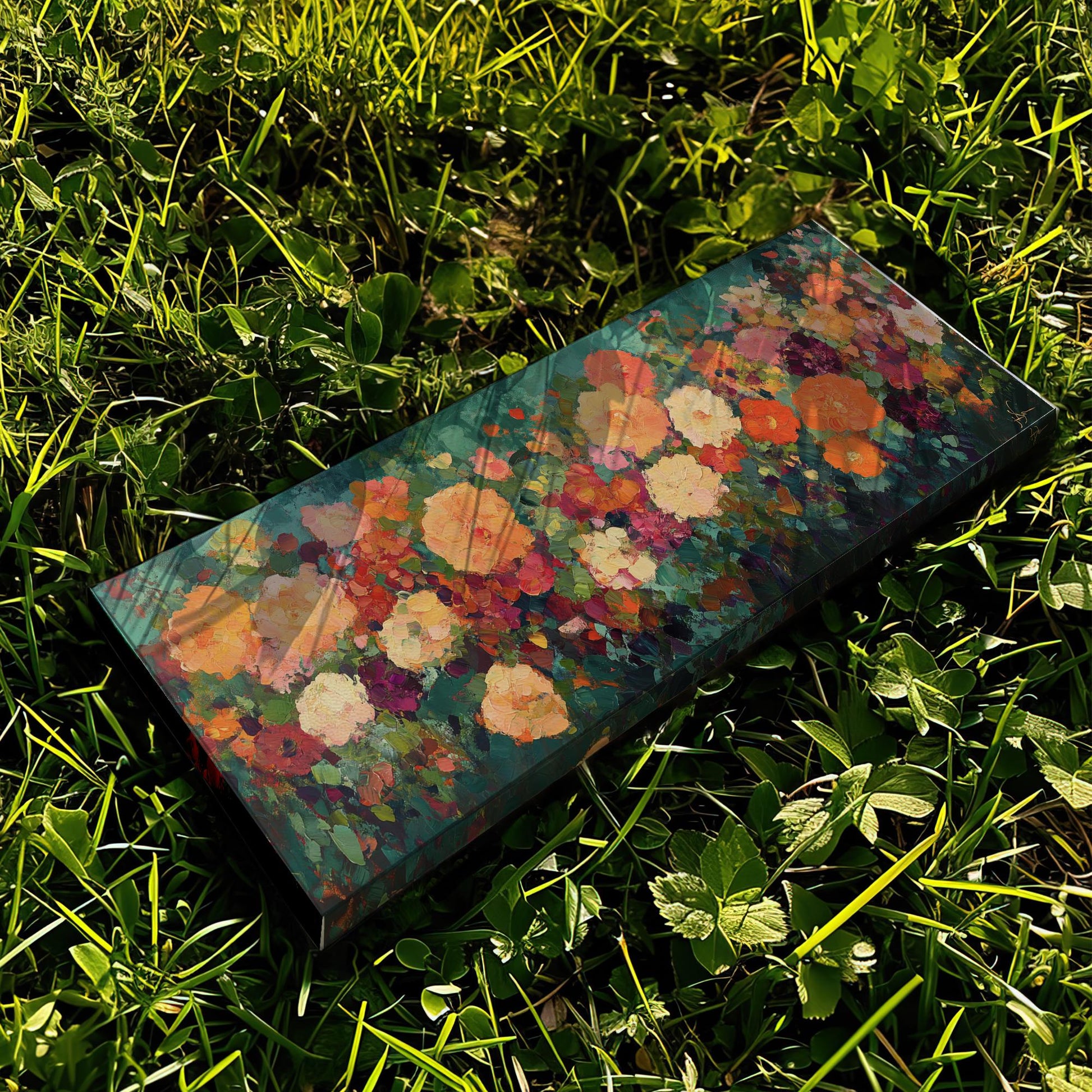 Vibrant Floral Canvas Art | Impasto Painting Print | Bohemian Wall Art For Living Room | Terracotta Jade Art Panoramic Wall Art
