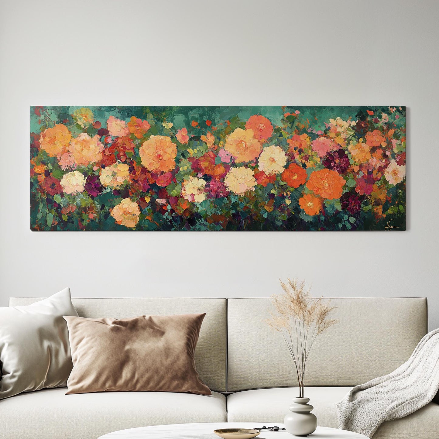 Vibrant Floral Canvas Art | Impasto Painting Print | Bohemian Wall Art For Living Room | Terracotta Jade Art Panoramic Wall Art