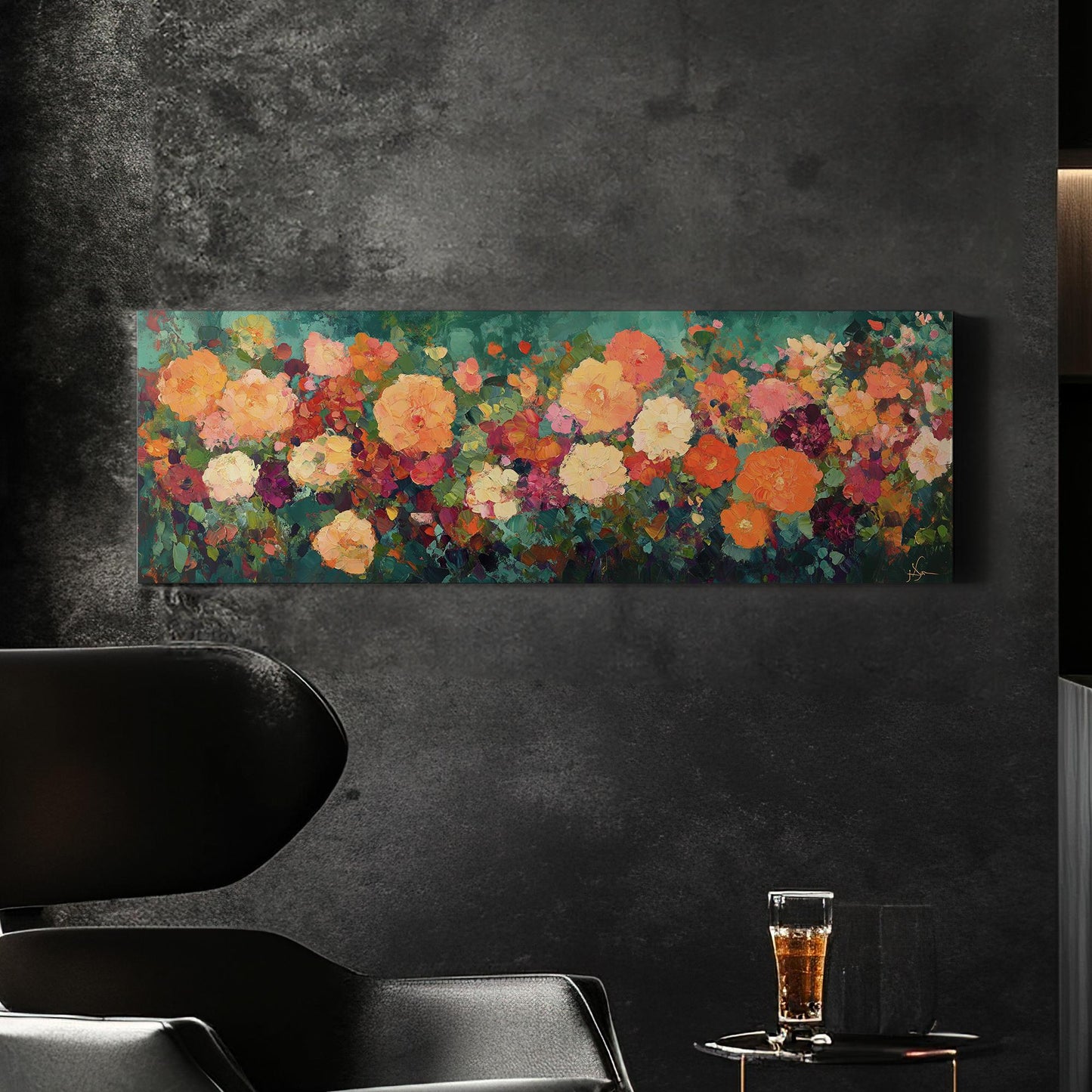 Vibrant Floral Canvas Art | Impasto Painting Print | Bohemian Wall Art For Living Room | Terracotta Jade Art Panoramic Wall Art