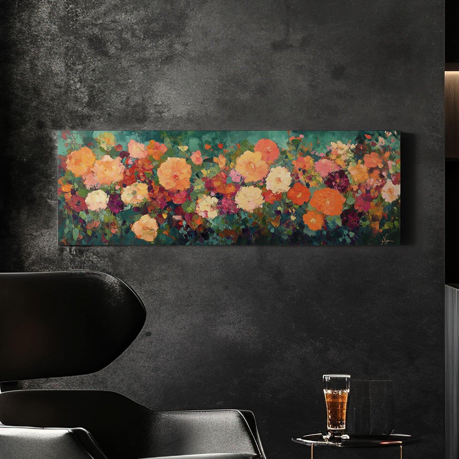 Vibrant Floral Canvas Art | Impasto Painting Print | Bohemian Wall Art For Living Room | Terracotta Jade Art Panoramic Wall Art