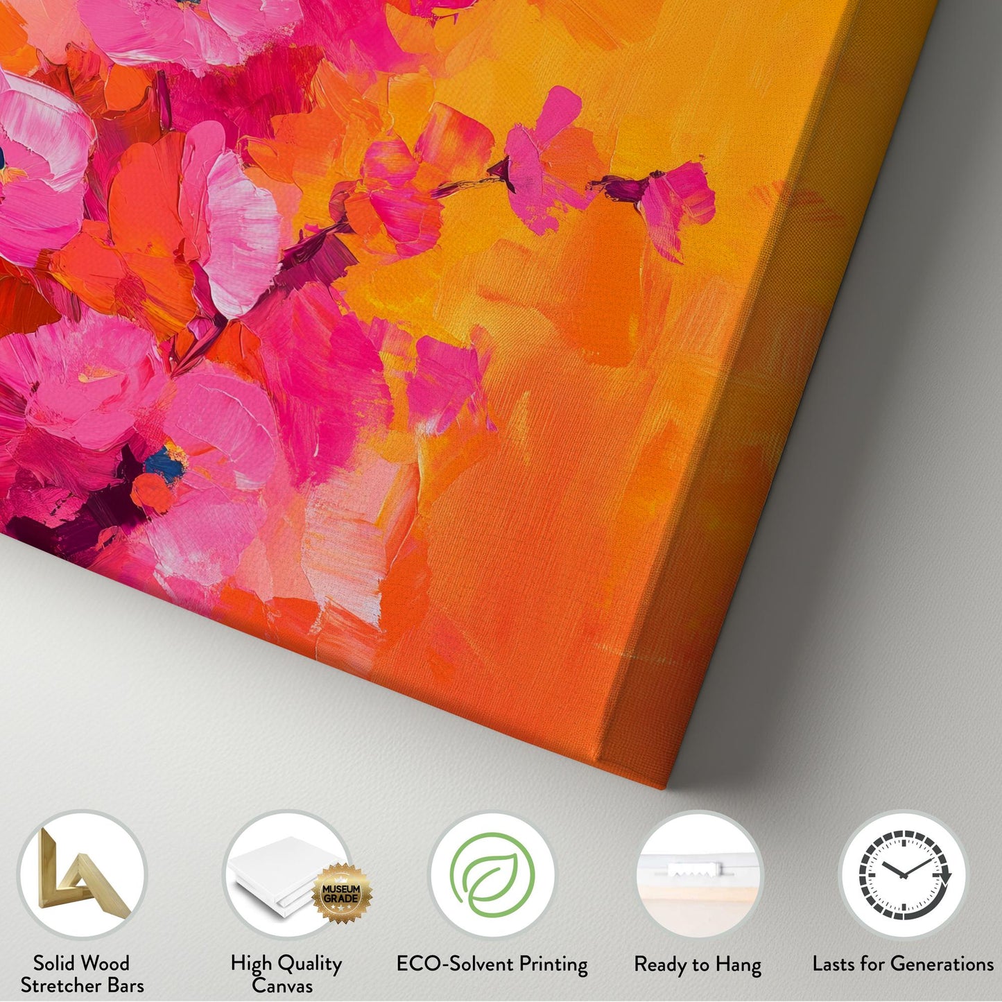 Vibrant Floral Canvas Art | Impasto Painting Print | Bohemian Wall Art For Living Room | Tangerine Fuchsia Art Vertical Canvas