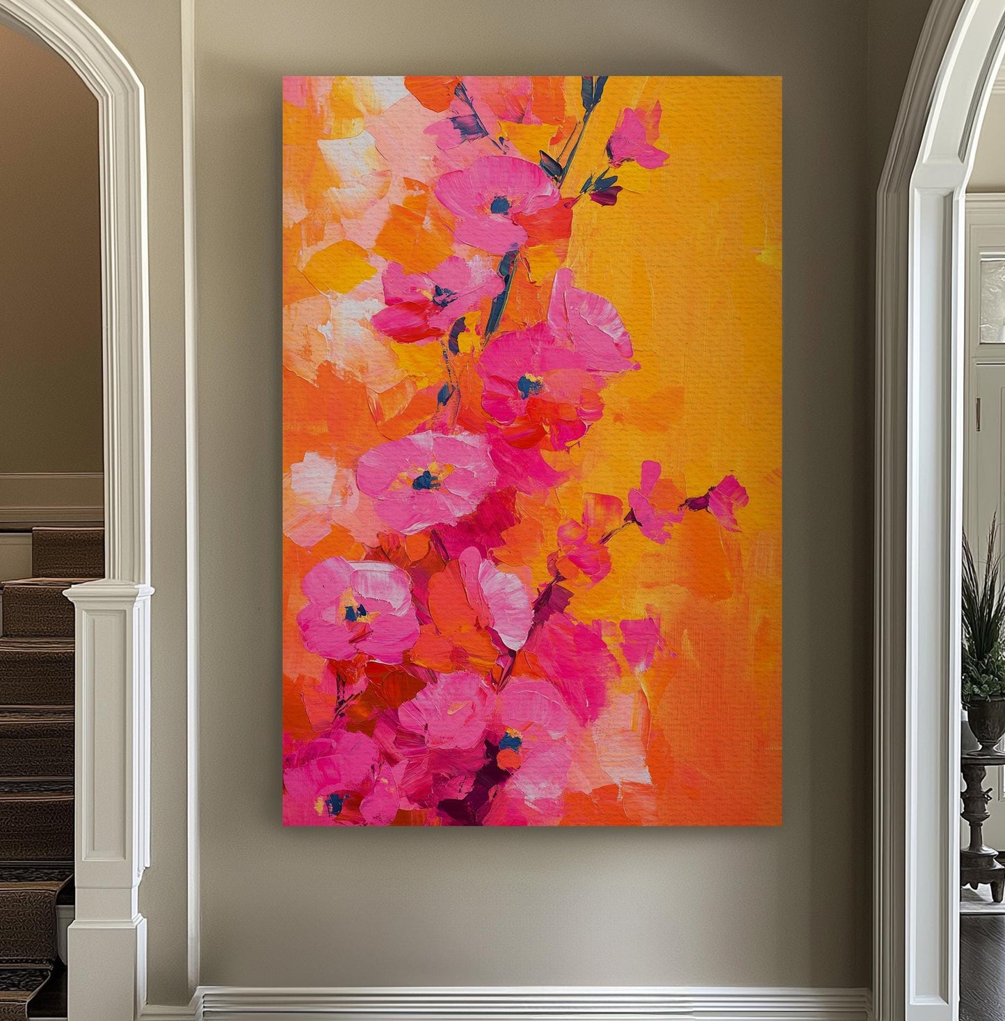 Vibrant Floral Canvas Art | Impasto Painting Print | Bohemian Wall Art For Living Room | Tangerine Fuchsia Art Vertical Canvas