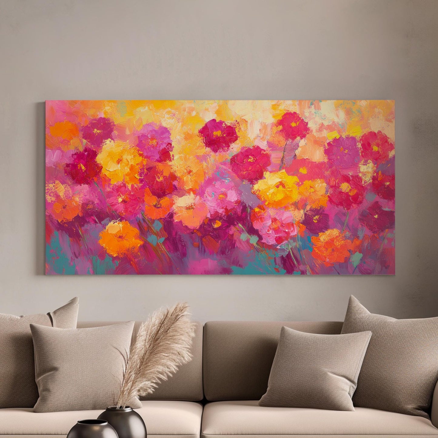Vibrant Floral Canvas Art | Impasto Impressionism Print | Bohemian Wall Art For Living Room | Sunset Peach Art Horizontal Art