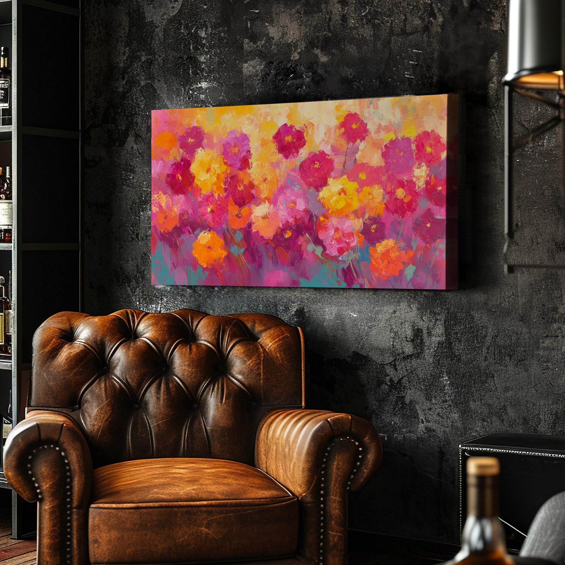 Vibrant Floral Canvas Art | Impasto Impressionism Print | Bohemian Wall Art For Living Room | Sunset Peach Art Horizontal Art