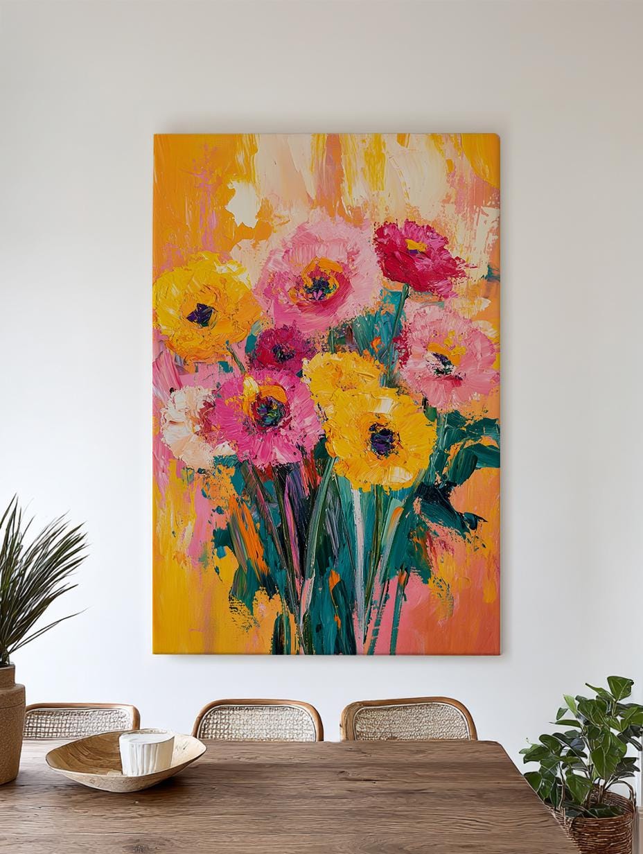 Vibrant Floral Bouquet Canvas Art | Impasto Floral Print | Bohemian Modern Wall Art For Living Room Vertical Canvas