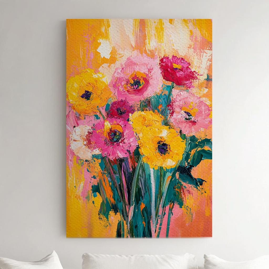 Vibrant Floral Bouquet Canvas Art | Impasto Floral Print | Bohemian Modern Wall Art For Living Room Vertical Canvas