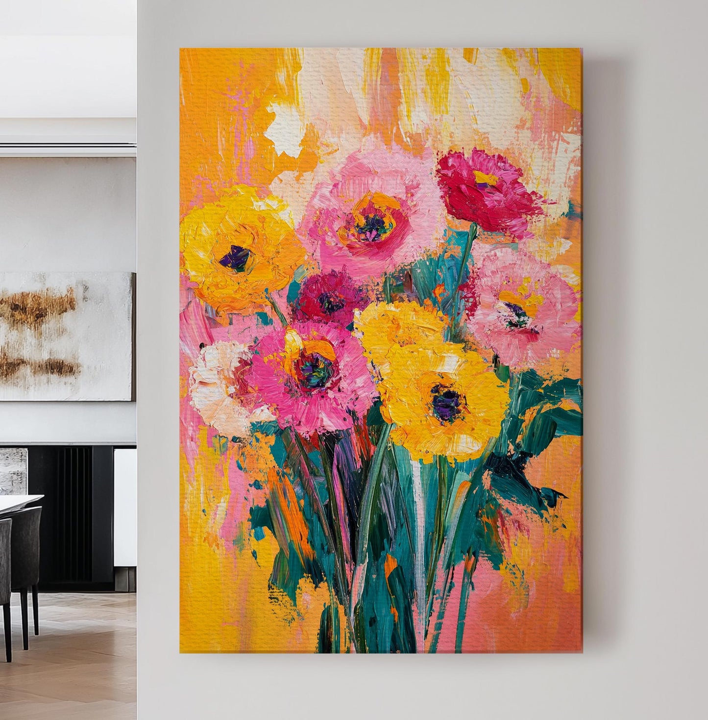Vibrant Floral Bouquet Canvas Art | Impasto Floral Print | Bohemian Modern Wall Art For Living Room Vertical Canvas