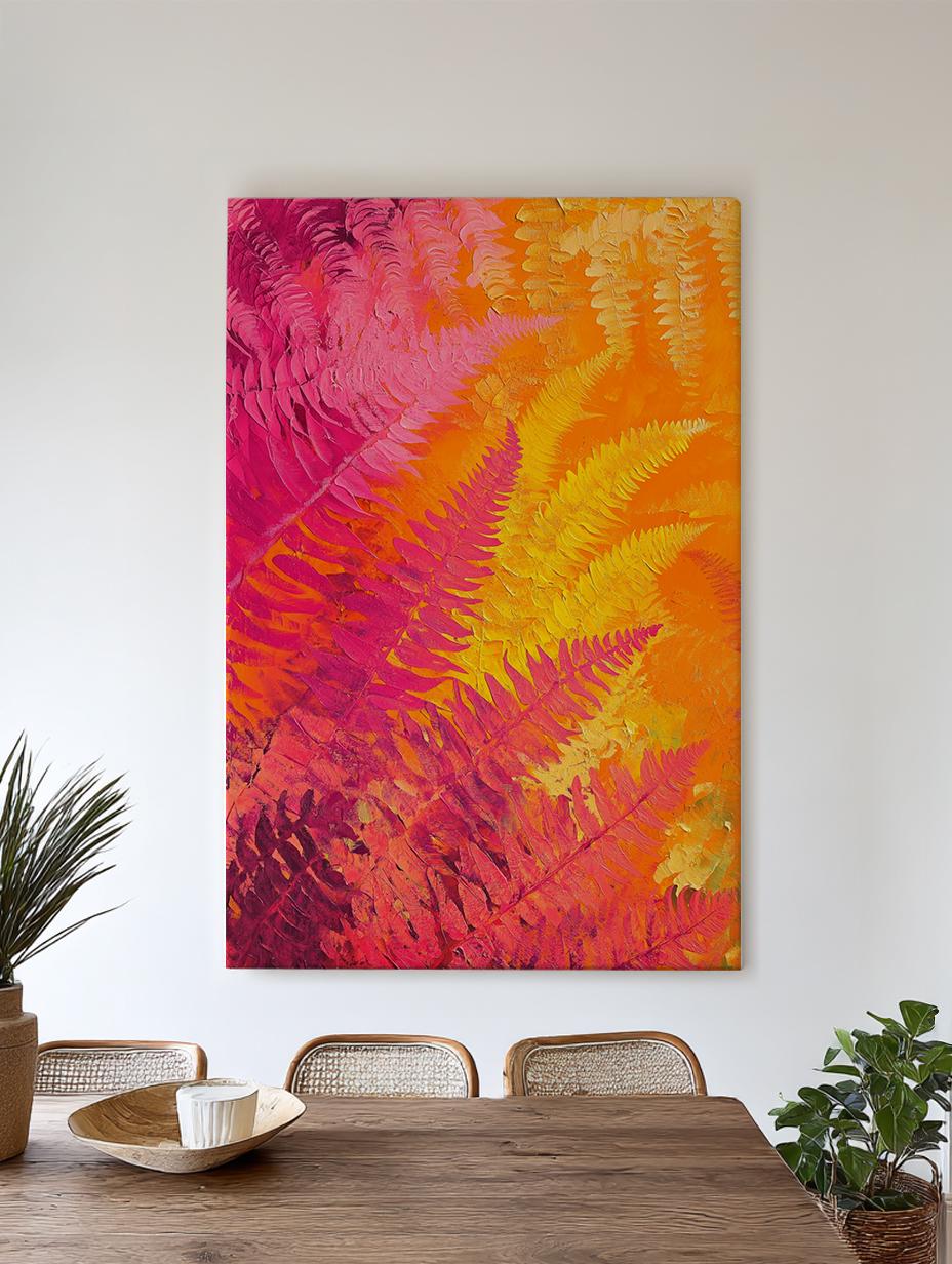 Vibrant Fern Canvas Art | Impasto Print | Biophilic Wall Art For Living Room | Sunset Hues Art | Modern Bohemian Decor Vertical Canvas