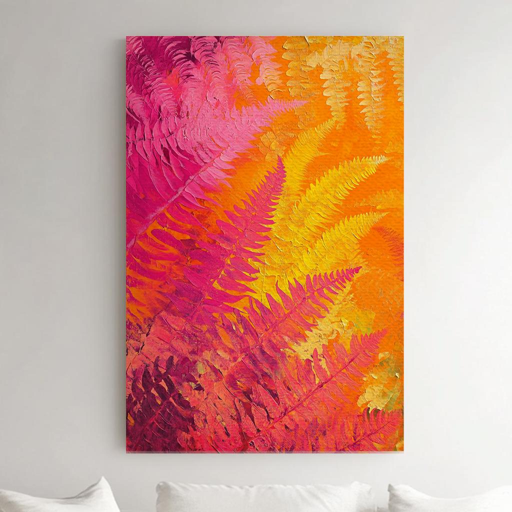 Vibrant Fern Canvas Art | Impasto Print | Biophilic Wall Art For Living Room | Sunset Hues Art | Modern Bohemian Decor Vertical Canvas