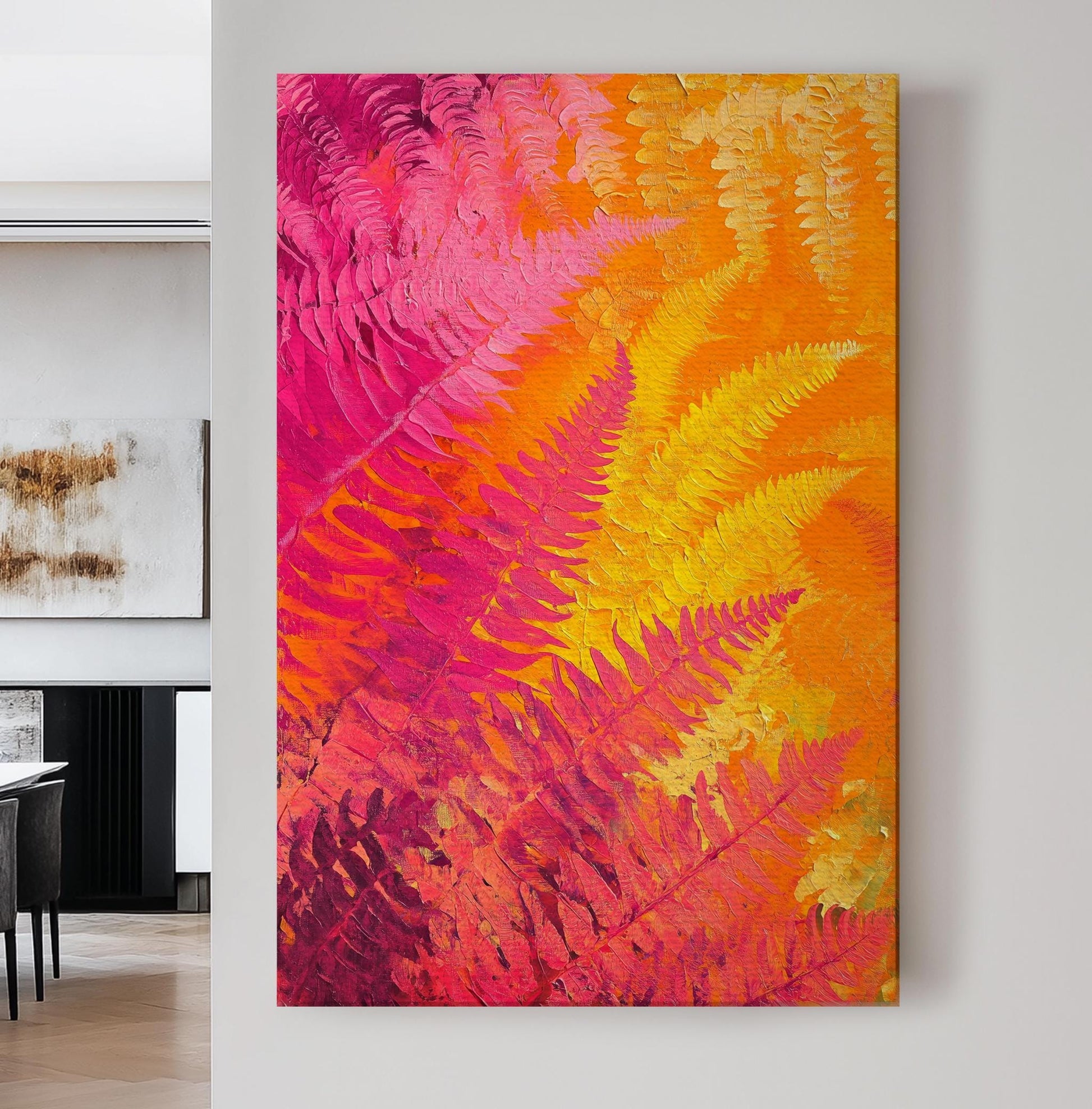 Vibrant Fern Canvas Art | Impasto Print | Biophilic Wall Art For Living Room | Sunset Hues Art | Modern Bohemian Decor Vertical Canvas