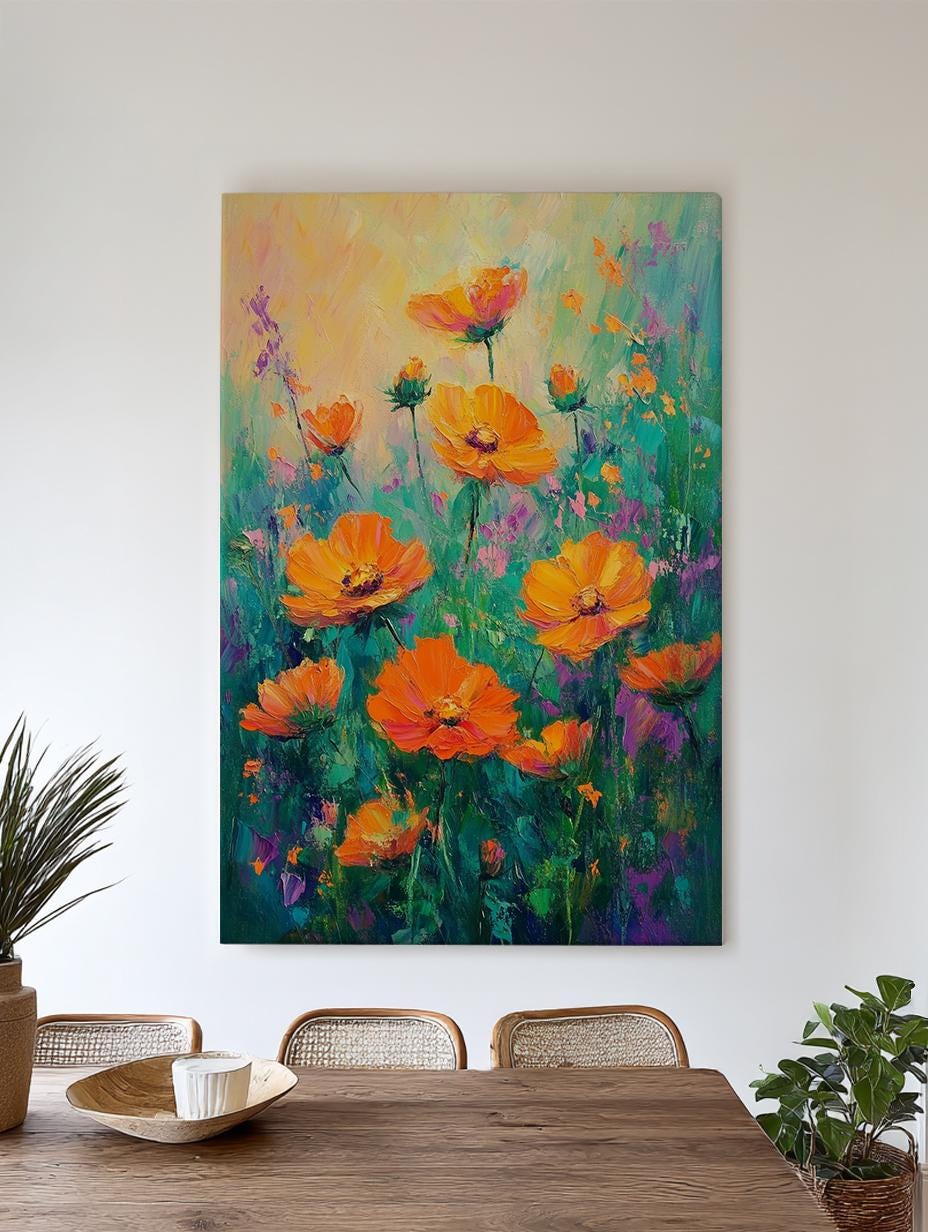Vibrant Cosmos Meadow Canvas Art | Impasto Floral Print | Bohemian Maximalist Wall Art For Living Room Vertical Canvas