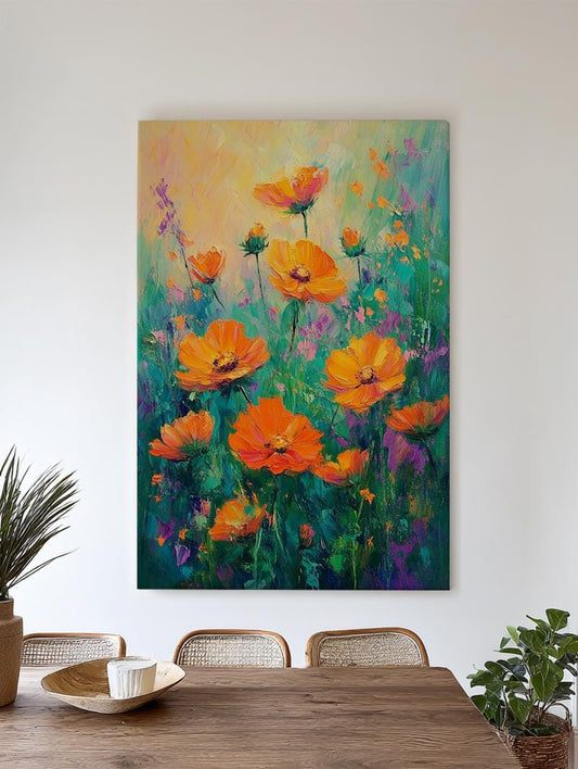 Vibrant Cosmos Meadow Canvas Art | Impasto Floral Print | Bohemian Maximalist Wall Art For Living Room Vertical Canvas