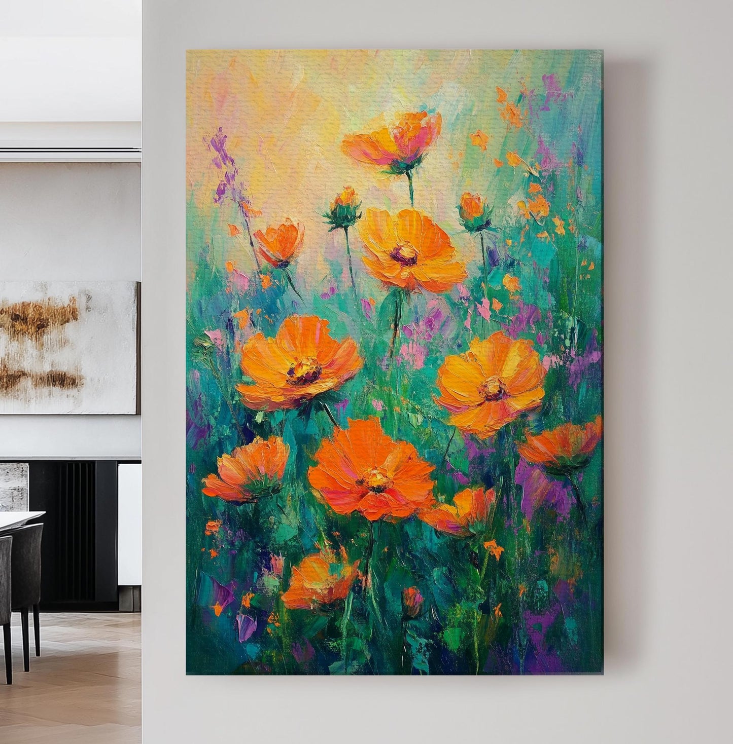 Vibrant Cosmos Meadow Canvas Art | Impasto Floral Print | Bohemian Maximalist Wall Art For Living Room Vertical Canvas