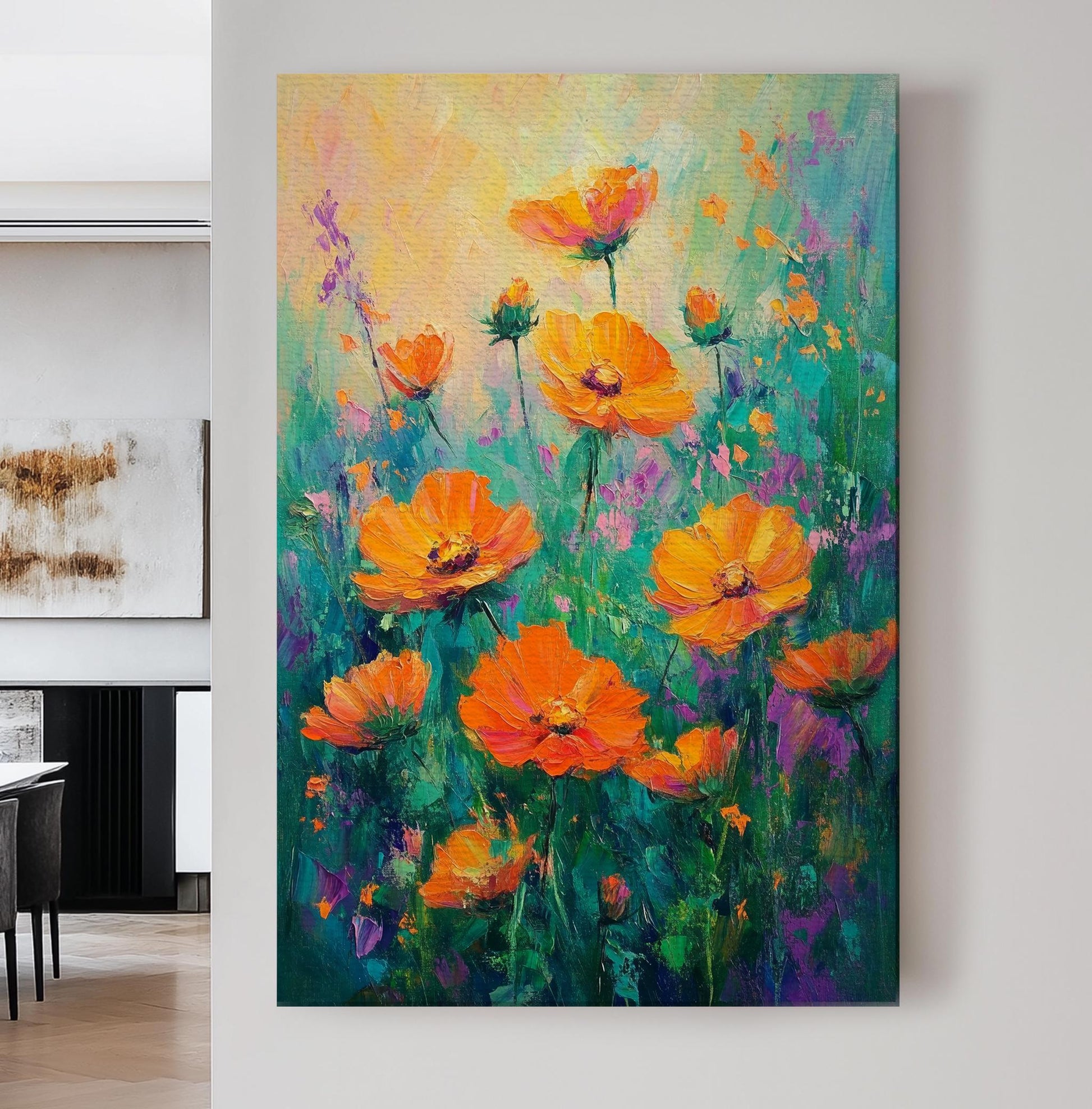 Vibrant Cosmos Meadow Canvas Art | Impasto Floral Print | Bohemian Maximalist Wall Art For Living Room Vertical Canvas