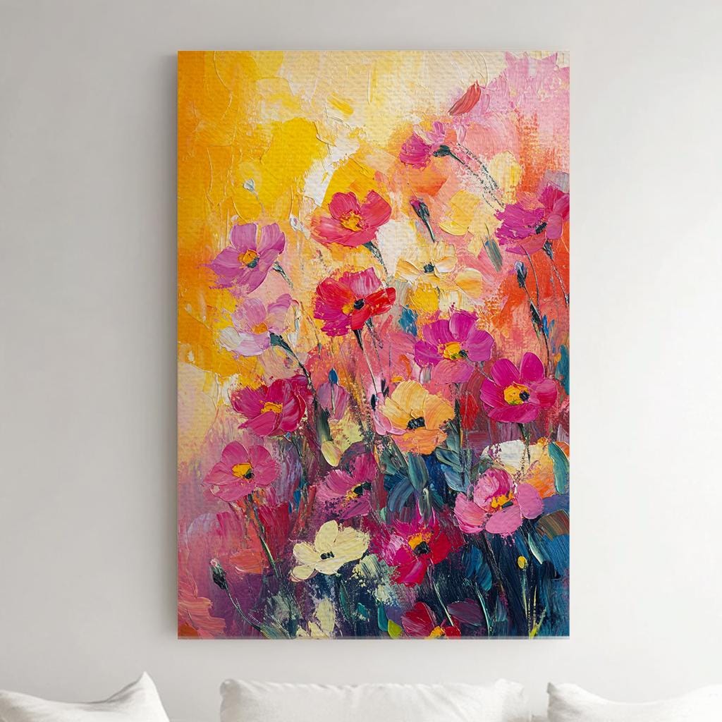 Vibrant Cosmos Floral Canvas Art | Impasto Painting Print | Bohemian Maximalist Wall Art For Living Room Vertical Canvas