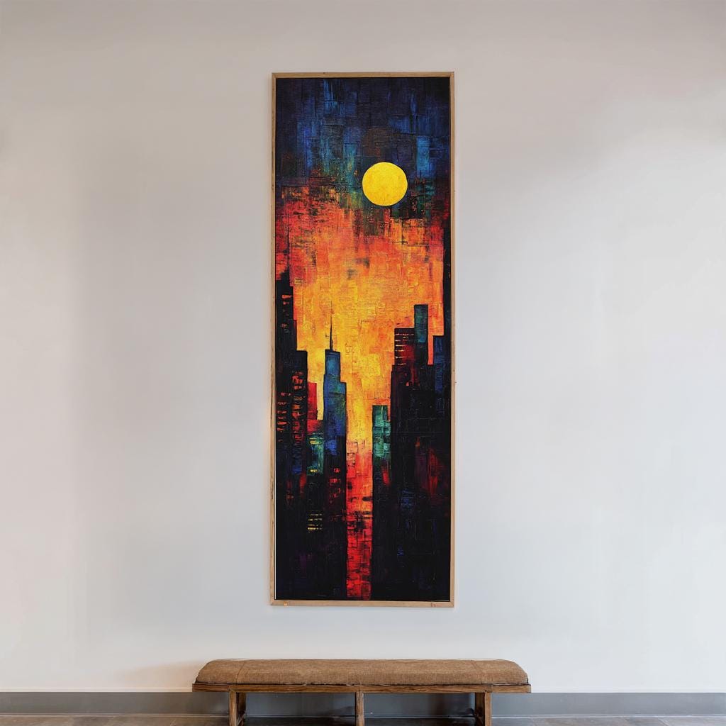 Urban Sunset Canvas Art | Impasto Palette Knife Print | Mid Century Modern Wall Art For Living Room Long Vertical Art