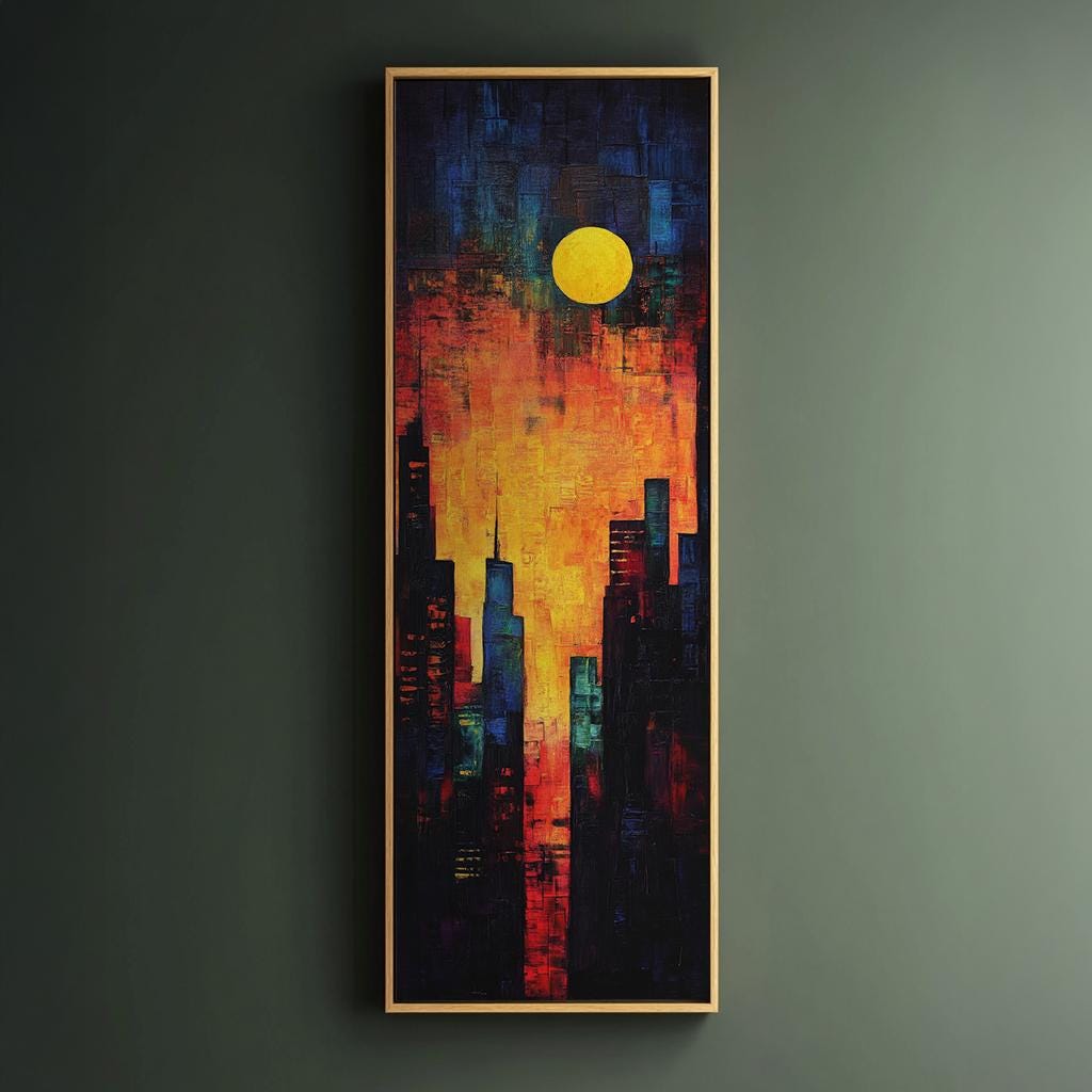 Urban Sunset Canvas Art | Impasto Palette Knife Print | Mid Century Modern Wall Art For Living Room Long Vertical Art